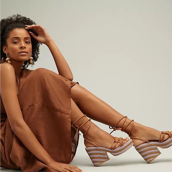 Anthropologie raffia  leather wrap platform heels in purple size 39 EU 8 US New - Picture 5 of 8